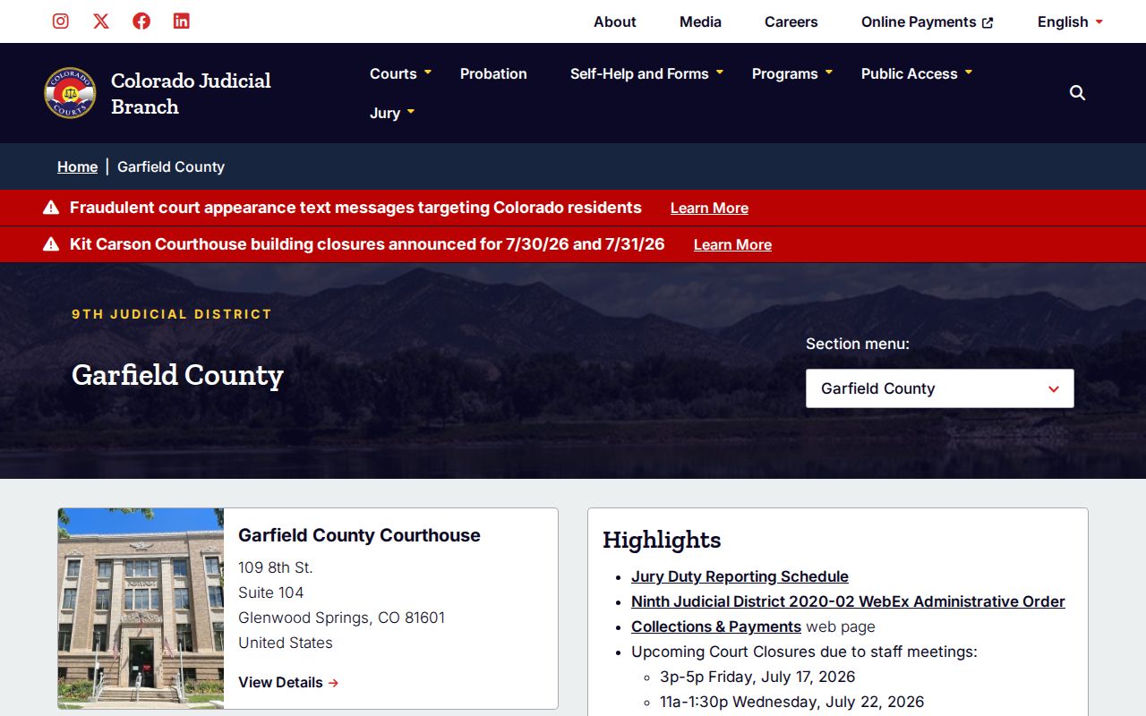 Garfield County release records court page for docket and disposition lookup
