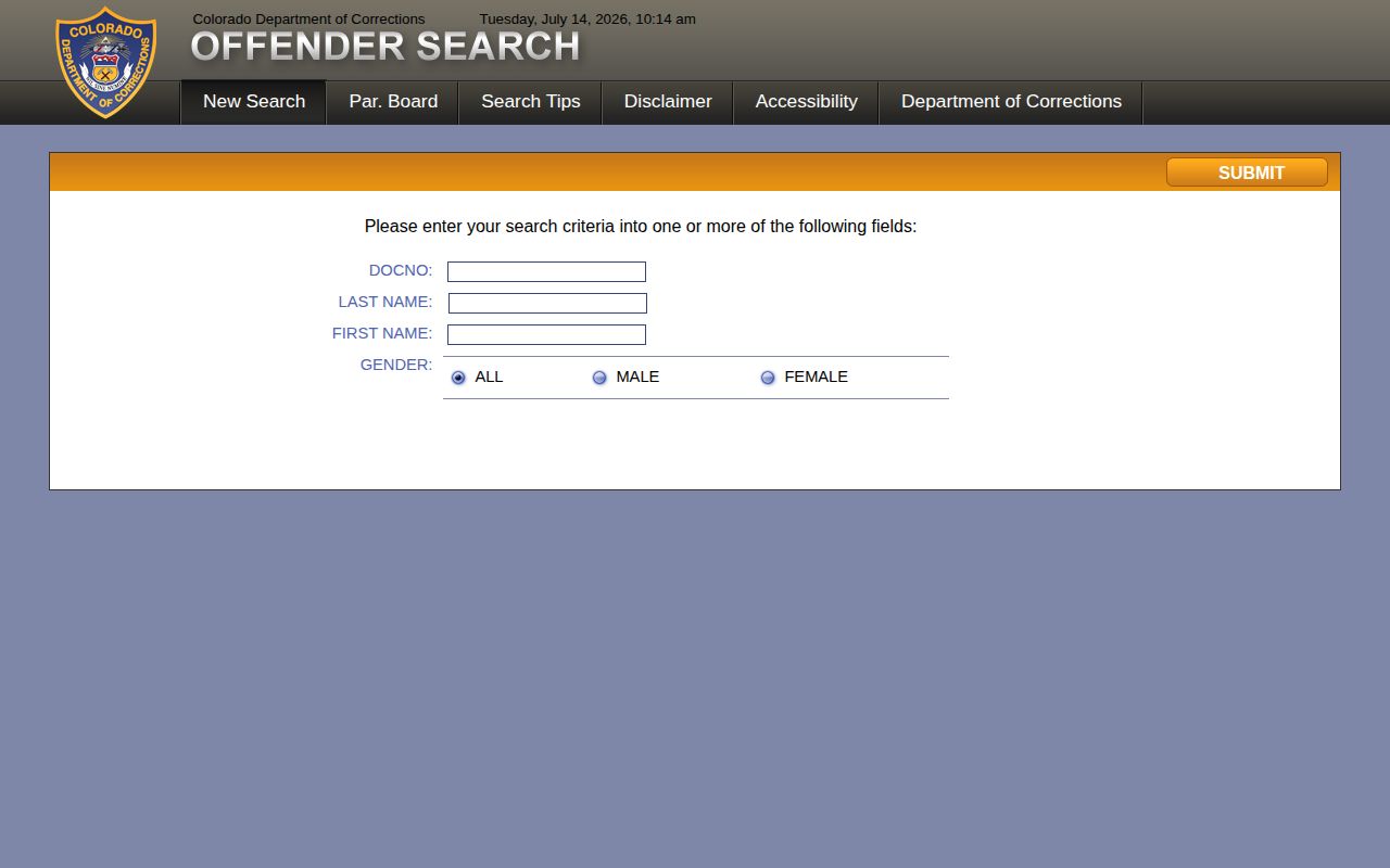 CDOC Offender Search form for Colorado prison release date checks